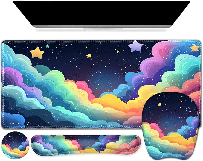 Mouse Pad with Wrist Support 4 in1 Set XXL Big Game Mousepad + Keyboard Wrist Rest + Mouse Wrist Rest Pad +Coaster Gaming Mat for Home Office Work Computer Laptop I Colorful Clouds Starry Night