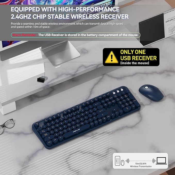 FOPETT Wireless Keyboard and Mouse Combo 104 Keys Full-Sized 2.4 GHz Round Keycap Colorful Keyboards USB Receiver Plug and Play for Windows Mac PC Laptop Desktop (DarkBlue)