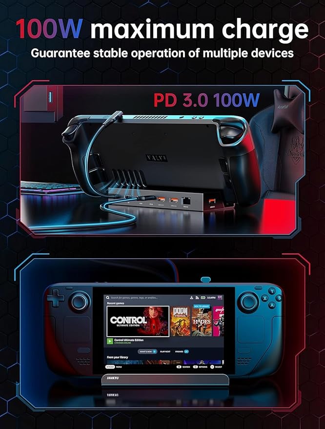 7-in-1 Steam Deck Dock with Dual 4K@60Hz HDMI DisplayPort – 100W USB C Docking Station for Steam Deck ROG Ally Legion Go – MacBook iPad Android Gaming Hub/Gigabit Ethernet 3xUSB 3.0 Ports