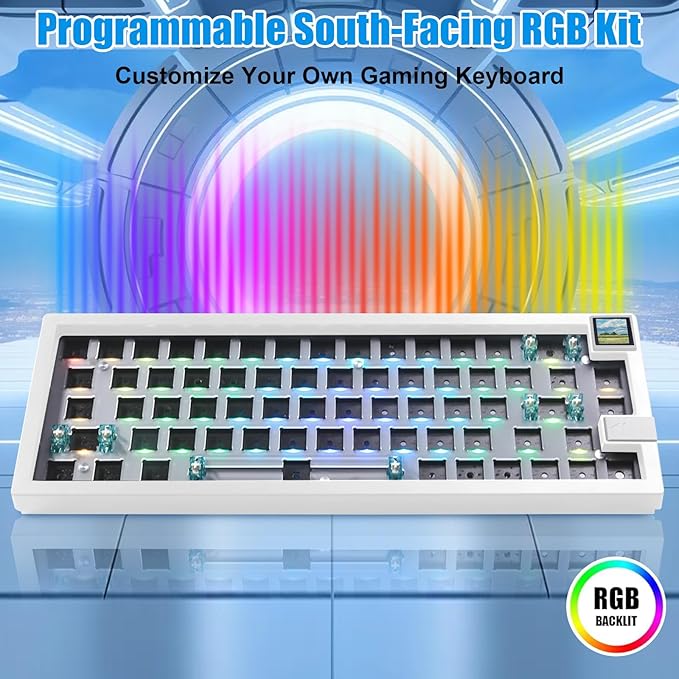 GMK67S Keyboard Barebones Kit65% Gasket Mount Hot Swap PCB Tri-Mode BT5.0/2.4G/Type-C Wireless Mechanical Keyboard with TFT-LCD Screen VIA Programmable Custom RGB Gaming Keybaord DIY Kit (White)