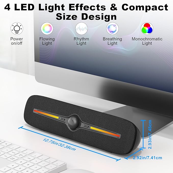 SOULION Computer Speakers for Desktop USB Powered Bluetooth PC Speaker with LED Light 3.5mm Aux Soundbar with Rotary Volume Control Button for Laptop Monitor Office Music Game Gray