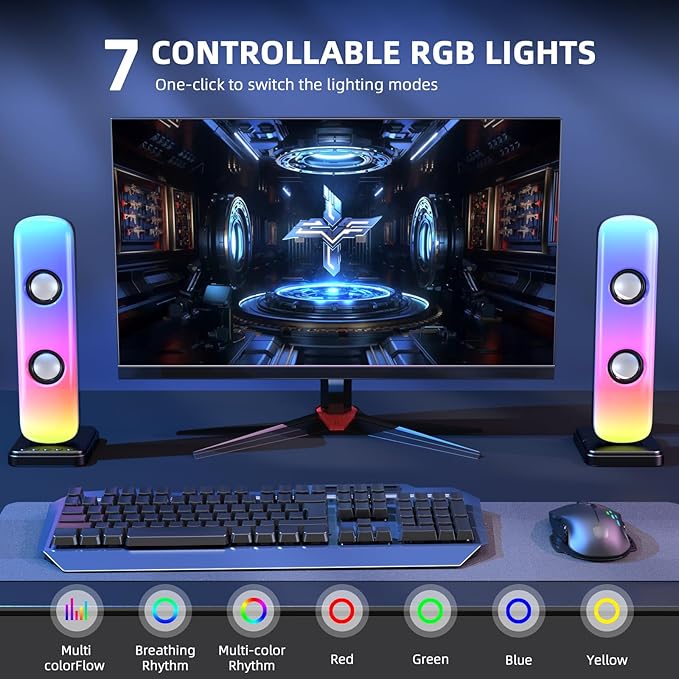 NJSJ Computer Speakers for Desktop 20W Hi-Fi Stereo Gaming Speakers with Bluetooth &amp 3.5mm Aux-in Connection Controllable RGB Lights AC Adapter Powered PC Speakers for Laptop Monitors Phones