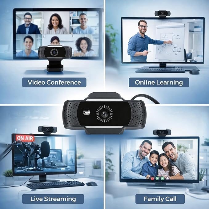 Computer Camera with Microphone Full HD 1080P USB Stereo Webcam Rotatable Clip Automatic Noise Reduction - Clear Video and Audio Easy Setup for Office and Video Conferences