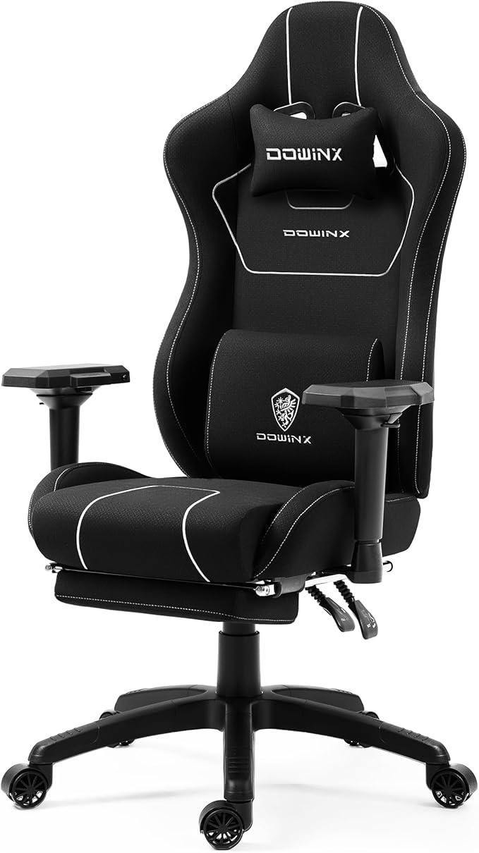 Dowinx Gaming Chair with Massage Lumbar Support Footrest Fabric Computer Gamer Chair with Pocket Spring Cushion Adjustable Comfortable Game Office Chair 300lbs for Adult Teens Black