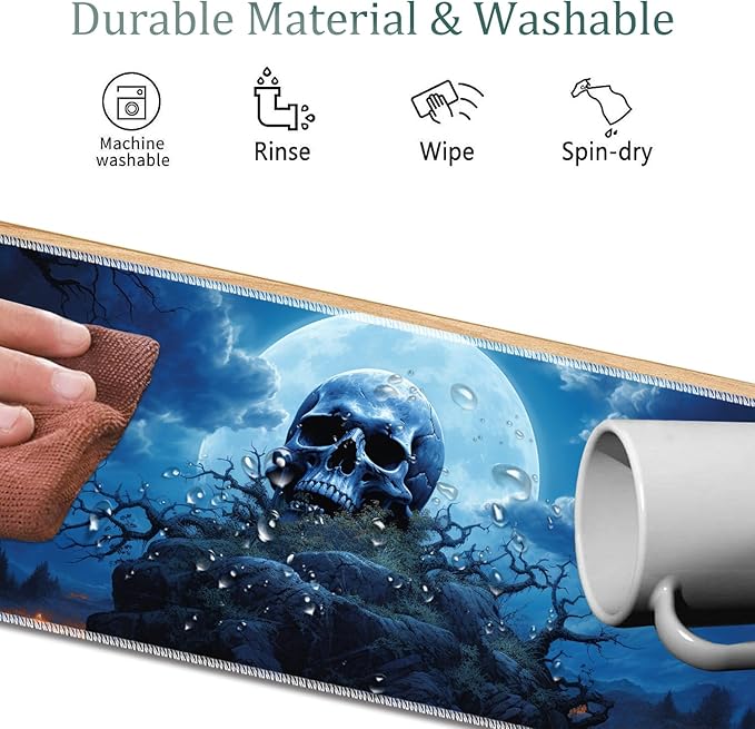 4 in 1 Mouse Pad Combo Large Gaming Mouse Pad + Keyboard Wrist Support + Mouse Wrist Rest + Coaster Table Pad 31.5 x 11.8 with Memory Foam Ergonomic Wrist Pad Set Blue Skull Moon
