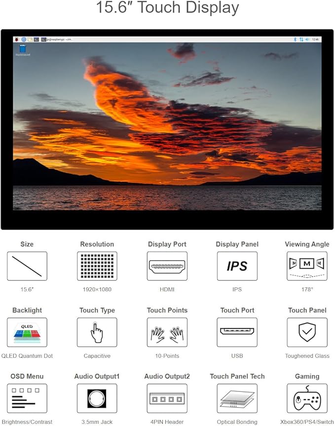 15.6inch QLED IPS Display for Raspberry Pi/Jetson Nano/PC/Game Console 1920 × 1080 100% SRGB Touch Screen Toughened Glass Panel