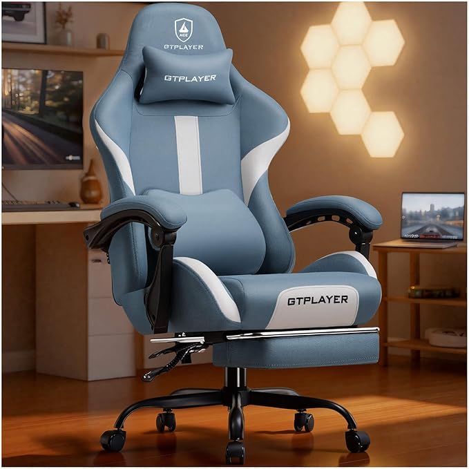 GTPLAYER Gaming Chair with Foot Rest &amp Pocket Spring Cushion Ergonomic High Back Computer Desk Chair with Headrest &amp Lumbar Support for Back Pain Relief Breathable Fabric Blue