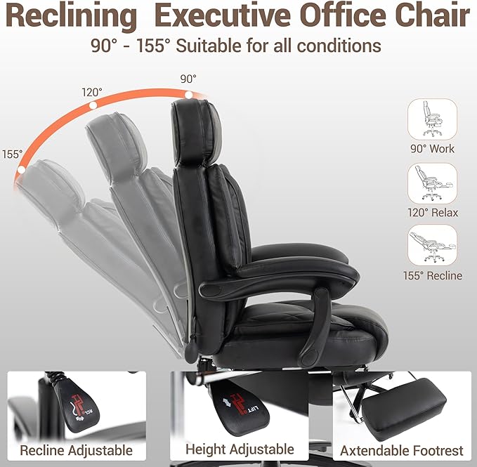 Big and Tall Office Chair for Heavy People Heavy Duty Executive Office Desk Chair with Footrest Waist Lumber Support Adjustable Headrest Black