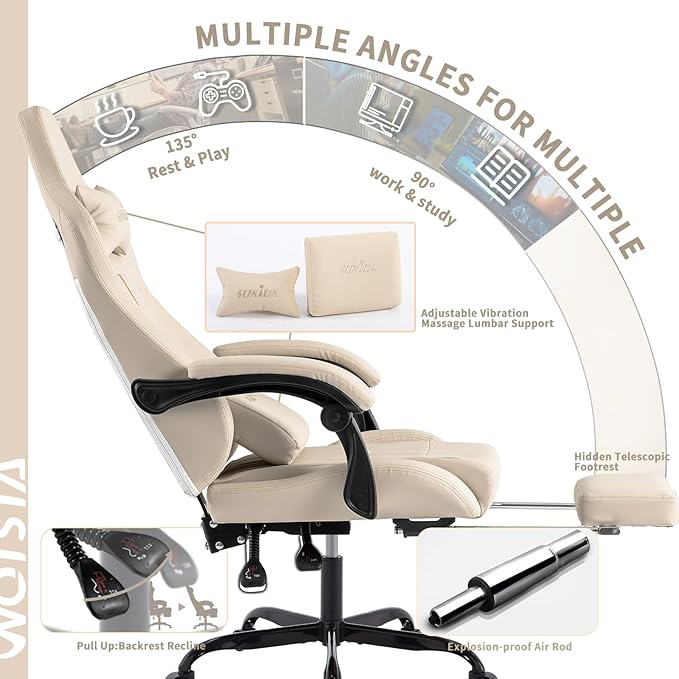 Gaming Chair with Footrest Ergonomic Computer Chair Massage Lumbar Cushion Racing Video Game Chair Adjustable Rocker Recliner Executive Office Desk Chair Pu Leather for Adults