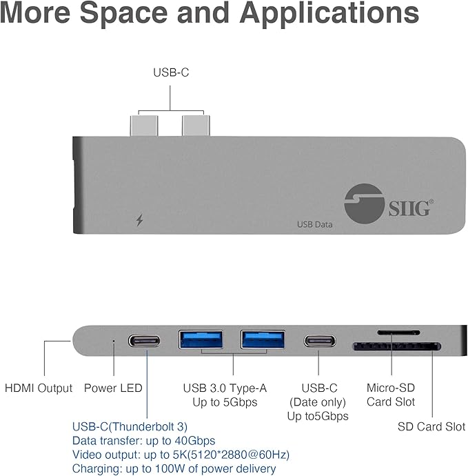 SIIG Thunderbolt 3 Aluminum USB Type C Hub with 4K @30Hz HDMI SD/Micro SD Card Reader 2 USB 3.1 Gen 1 Ports PD Port for 2016/2017 MacBook 13 &amp 15 - Space Gray
