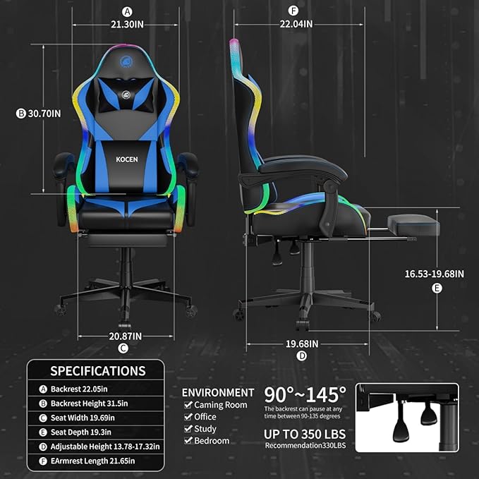 Gaming Chairs for Adults Tall and KidsLumbar SupportLED LightsHigh Back Reclining Computer Chair with Headrest (Black+Blue)