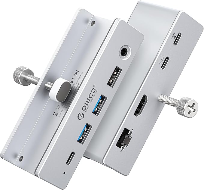 ORICO Clip Docking Station 8-in-1 Clamp USB C Hub with 4K@60Hz HDMI 100W PD Gigabit Ethernet 4xUSB Port AUX 10Gbps Clamp Docking Station for Laptop MacBook PC (Adapter Not Included)