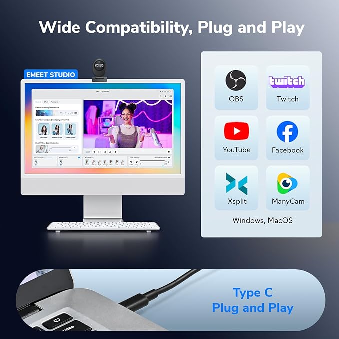 EMEET Piko 4K Webcam for Streaming World’s 1st Dual-Camera AI-Powered 4K Camera w/AI Autofocus 3 Mics Array&amp3 Sound Modes USB Webcam with Clip Great for Streaming Desk Setup
