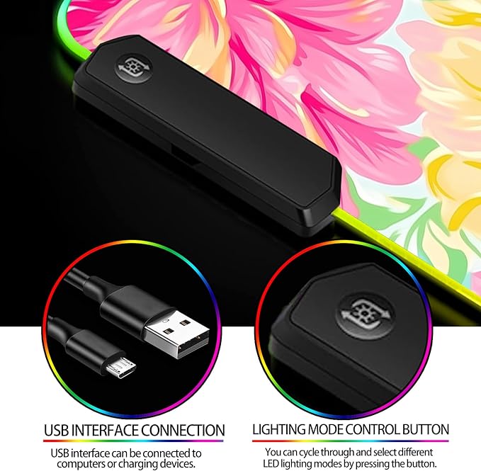 RGB Pink Flower Gaming Desk Mat Computer Keyboard Large Extended Long Floral LED Mouse Pad for Office and Home XL (W29)