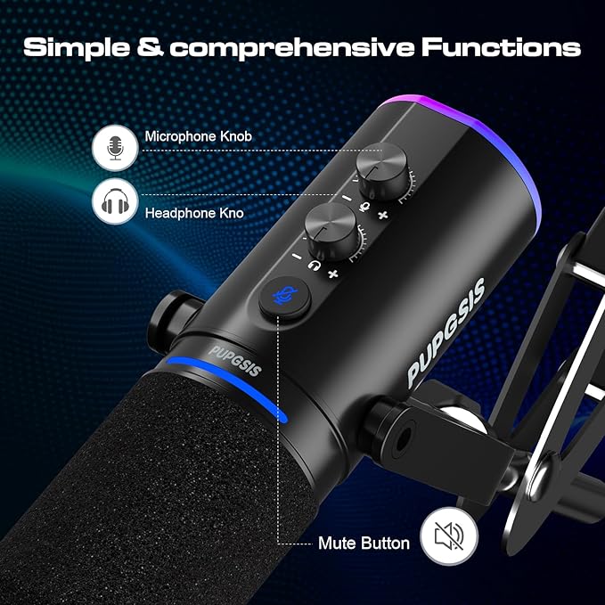 XLR/USB Podcast Microphone Gaming Mic with Mute Button Reverb Effects Noise Cancellation Boom Arm Stand Headphones Jack Dynamic Microphone for Streaming/Recording/Gaming/Vocal-Black