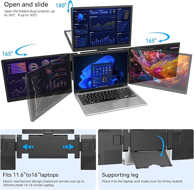 ADREAMER 13.3 Triple Screen Laptop Monitor Extender Detachable 3 Monitor for 11.6-16 FHD 1200P IPS Multi Screen Laptop Attachment Compatible with Wins/MacOS(M1/M2/M3).