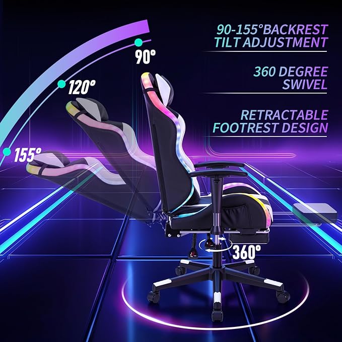 HOFFREE RGB LED Gaming Chair for Kids Reclining Gaming Chairs for Teens 8-15 Computer Chair with RGB Lights Kids PC Game Chair with Footrest and Lumbar Support Video Game Chairs White and Black