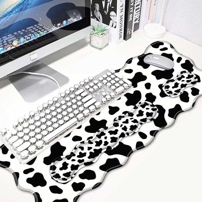 4 in 1 Desk Mat SetMouse Pad with Keyboard Wrist RestWave-Shaped DesignNon-Slip Rubber BaseWaterprooffor HomeOfficeGamingCute Cow Pattern