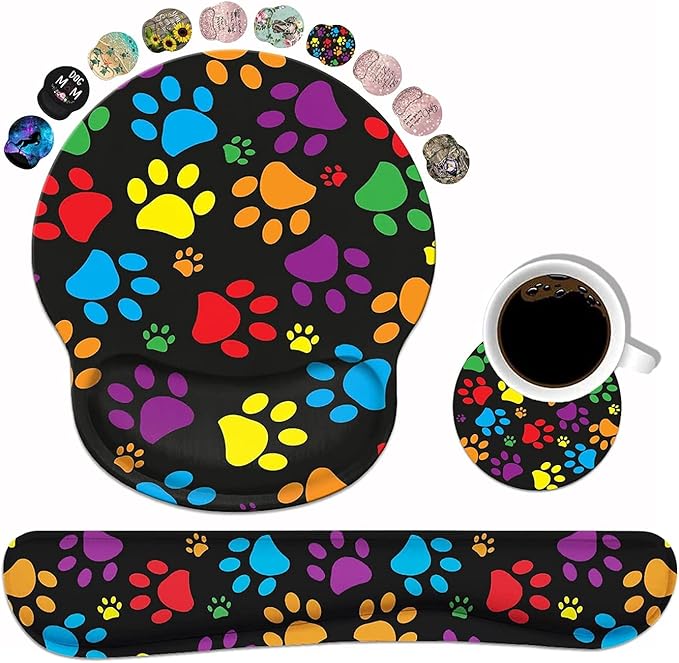 Keyboard Wrist Rest and Mouse Wrist Rest Pad Set with Coasters Non-Slip Rubber Base Ergonomic Gaming Mousepad for Home Office Working Studying Easy Typing &amp Pain Relief Multicolor Dog Paws