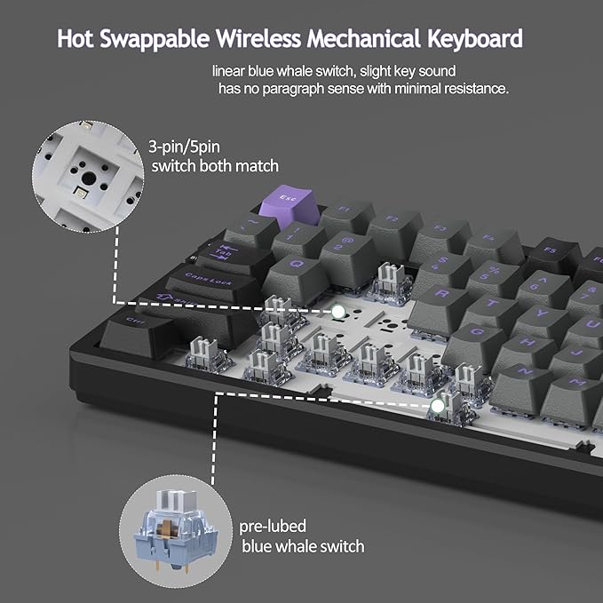 MageGee LIGHT87 Wireless Creamy Keyboard Gasket Structure Hot Swappable Mechanical Keyboards 2.4G/USB-C/BT5.0 RGB Backlit Gaming Keyboard for Win/Mac/PC 4000mAh Battery PBT Keycaps Purple