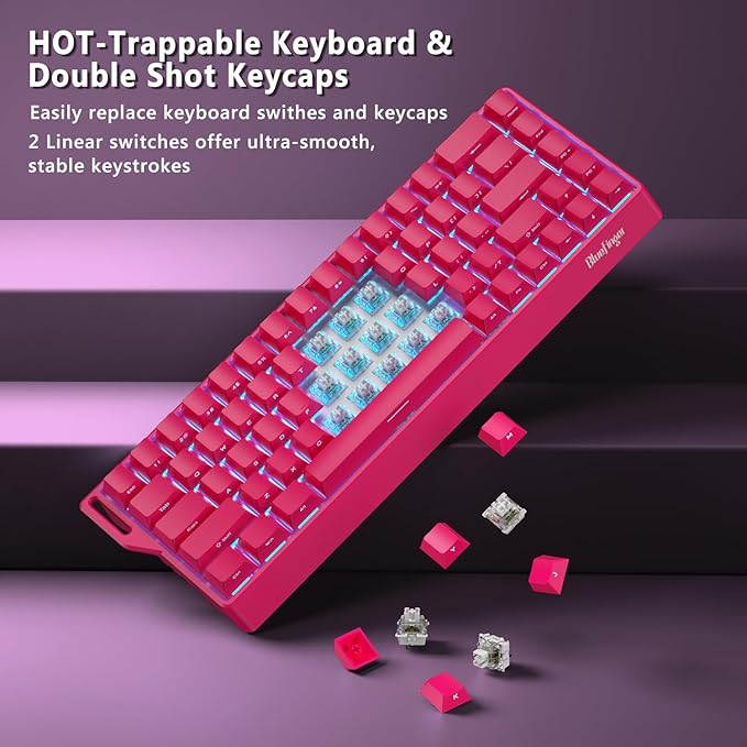 BlueFinger 60% Wireless Mechanical Gaming Keyboard Bluetooth/2.4G/USB-C Hot Swappable RGB Backlit Keyboard with Side-Printed PBT Keycaps for MAC Xbox PC PS5 Pink