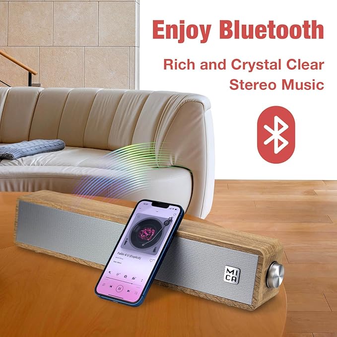 MICA Bluetooth Computer Speakers Angled Retro Wooden Computer Sound Bar 3.5mm Aux-in Connection Vintage Wired USB Powered PC Speakers for Desktop Monitor Laptop Tablet - Yellow (M30T)