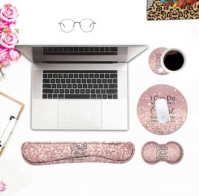 Keyboard Wrist Rest and Mouse Pad Wrist Rest Set with Coasters [4Pcs] Memory Foam Easy Typing Pain Relief Non-Slip Rubber Base for Computer Laptop Home &amp Office Bible Verse Philippians 4-13