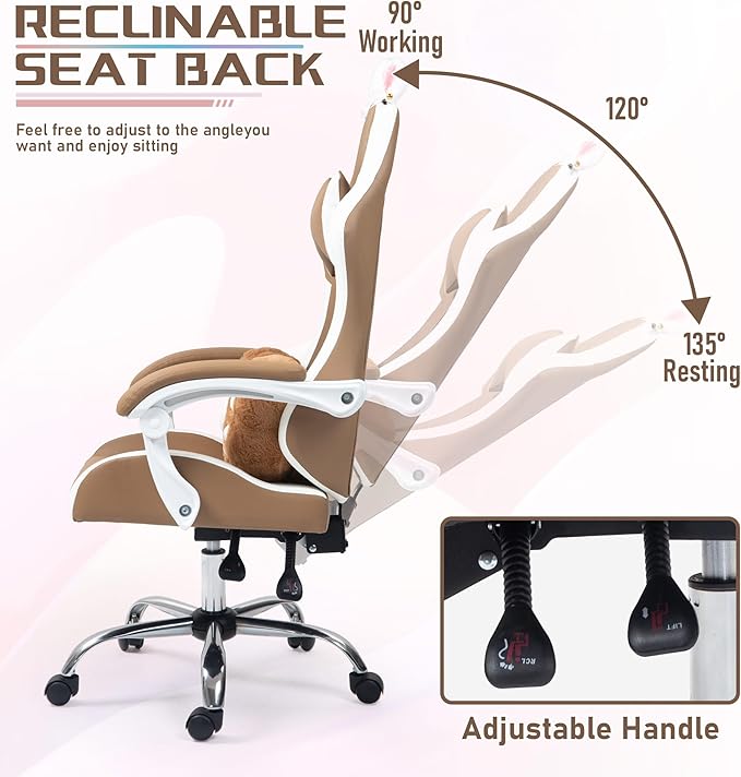 ALEAVIC Gaming Chair with Cat Paw Lumbar Cushion and Cat Ears Reclining PC Game Computer Chairs Ergonomic Gamer Chair for Kids Girls Teens (Brown)