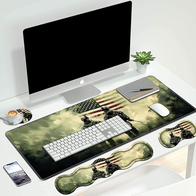 4 in 1 Ergonomic Keyboard Wrist Rest &amp Mouse Pad Wrist Rest Set Large Gaming Desk Mat 31.5x 11.8 with Non-Slip Base Memory Foam for Home Office Study Gaming American Military Army Troops Sold