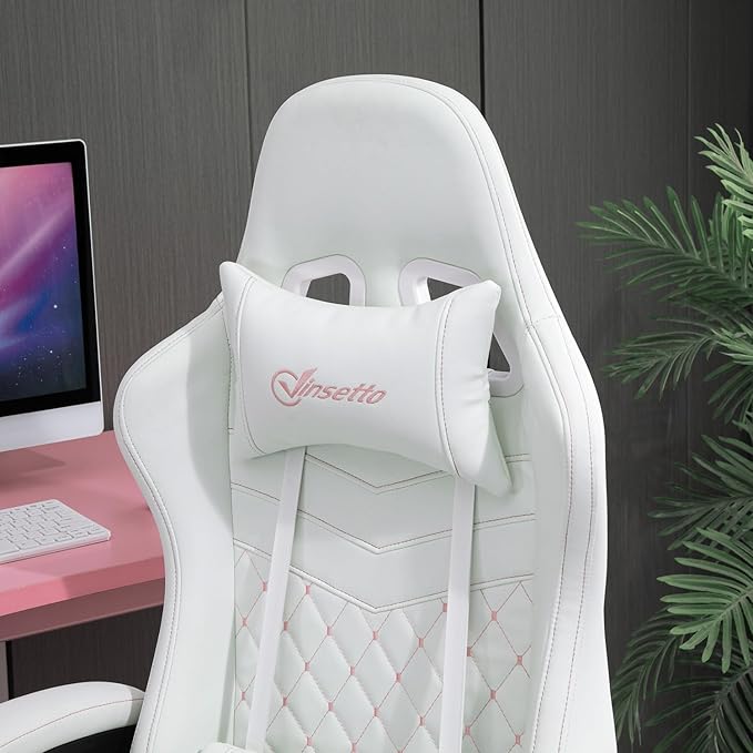Gaming Chair Ergonomic PU Leather Office Chair High Back Swivel Recliner with Footrest Lumbar Support Adjustable Height 360° Rotation (White)