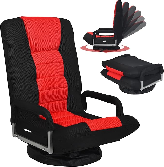 ERGOMASTER 360 Degree Swivel Video Gaming Floor Chair w/Armrests Adjustable 6-Position Folding Floor Chair Padded Backrest for Game Reading (Black/Red)