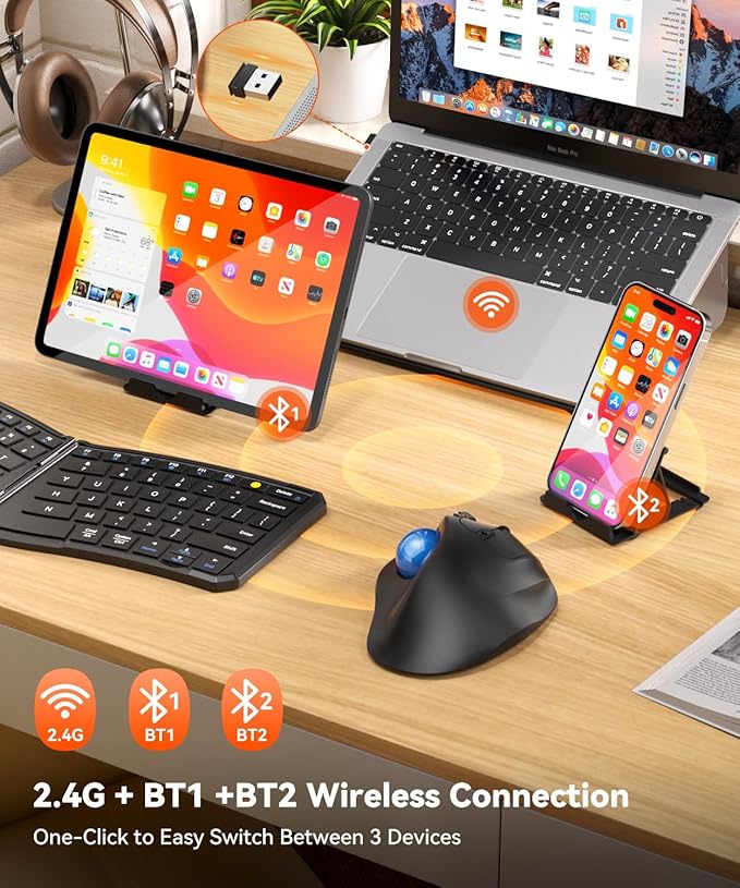 Ergonomic Wireless Trackball Mouse 3 Device Connection (Bluetooth or 2.4G USB Receiver) Bluetooth Quiet Computer Mouse 2*AAA Battery Thumb Laptop Mice with 5 Level DPI for PC/Laptop/Mac/Windows Blue