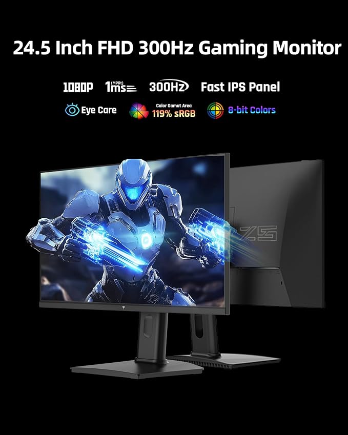 KTC 24.5 Inch 300Hz Gaming Monitor - FHD 1080P Fast IPS PC Monitor Gaming 1ms Adaptive Sync HDR 240Hz Monitors Gamer with Display Port1.4x1 HDMI 2.0x2 119% sRGB VESA Mount DP Cable (Renewed)