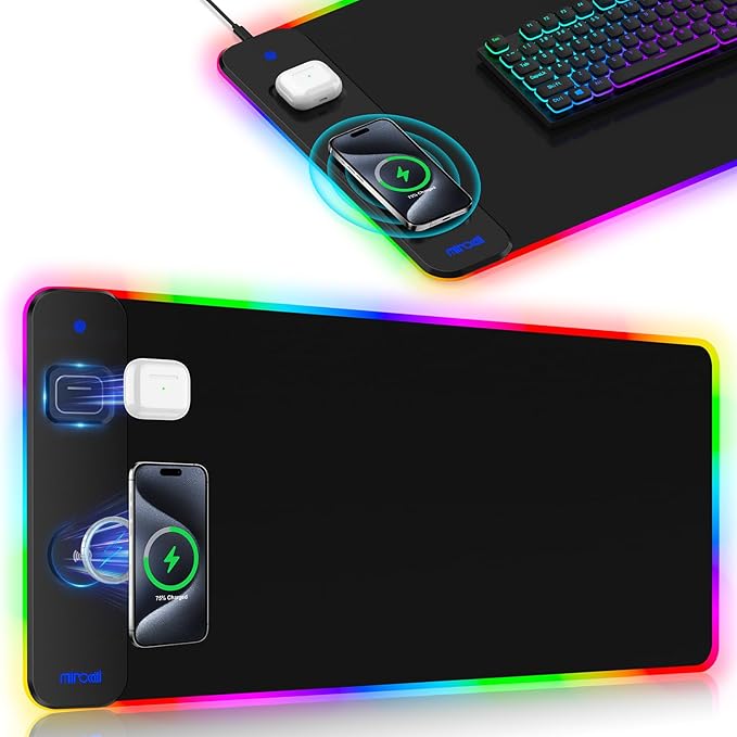 Magnetic Charging Mouse Pad 31.5x15.75 15W Fast Wireless Charging Desk Mat XXL Desk Pad RGB Gaming Mousepad Home Office Large Keyboard Pad with Ultra-Smooth Surface Non-Slip Base