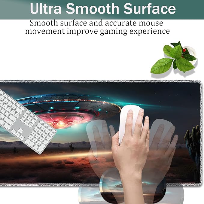 Large Game Mouse Pad + Wrist Support Pad + Coffee Coaster Desk Pad with Sewn Edges Anti-Slip Set pad Suitable for Office Work and Home - Colorful Alien UFO