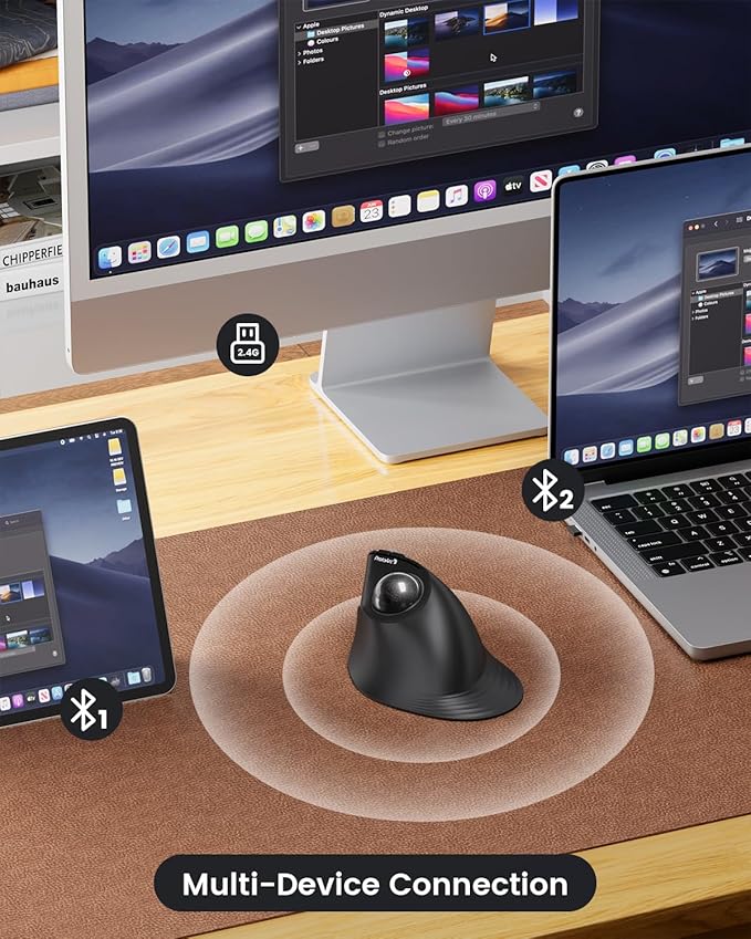 ProtoArc Vertical Wireless Trackball Mouse EM05 NL Bluetooth Ergonomic Rollerball Mouse Rechargeable Computer Laptop Thumb Mice 3 Device Connection Compatible with iPad Mac Windows PC-Gray