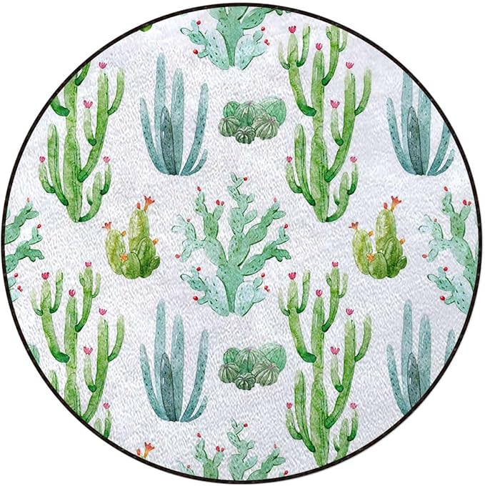 White Light Pink and Green Carpet Round Office Chair Mat for Hardwood Floor Multi-Purpose Soft Mats for Gaming Rolling Chair/Living Room/Study Plants Spikes Cartoon Art Diameter 47.2 in