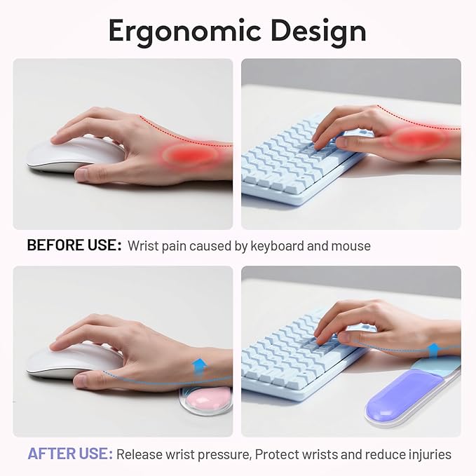 Upgrade Wrist Rest for Keyboard and Mouse Ergonomic Gel Keyboard Wrist Rest Support Set Easy Typing Pain Relief Mousepad for Office Gaming Purple Blue Pink