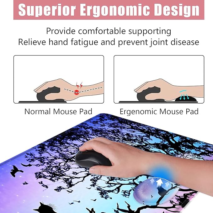 Large Keyboard Mouse Pad Set Extended Mouse Pad+Keyboard Wrist Rest Support Memory Foam Ergonomic Easy Typing 4Pcs (31.5×11.8 in) Desk Pad Set for Office HomeBlack Cat Under Starry Night