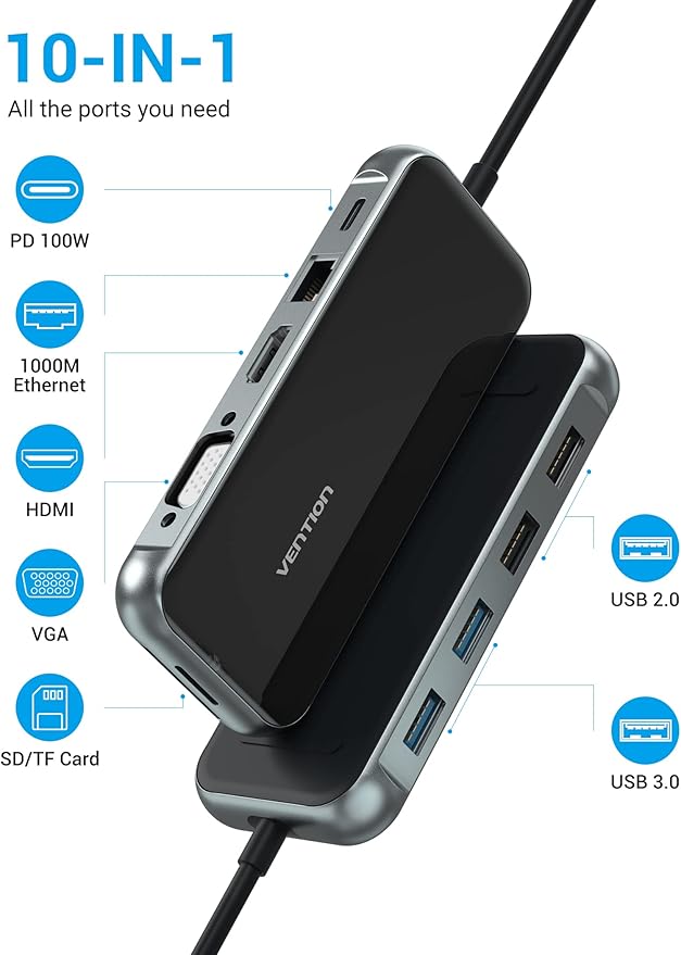 VENTION USB C Docking Station Dual Monitor - 10 in 1 USB C Hub Multiport Adapter with 4K HDMI VGA 100W PD 4 USB Ports Gigabit Ethernet SD/TF Card Reader for MacBook Pro Air Dell XPS HP