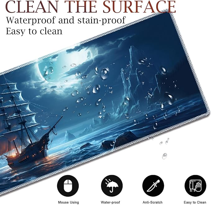 Large Gaming Table Pad 31.5 x 11.8 + Keyboard Wrist Pad + Mouse Wrist Pad + Coaster Non-Slip Base 4-in-1 Set Ergonomic Memory Foam Easy Typing Pain Relief Moon Ship Blue Sea