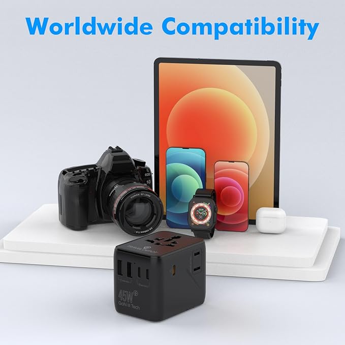 7 in 1 Travel Adapter Worldwide w/GaN 45W 2 USB-A (15W) 3 USB-C (45W) 2 AC Outlets Safety Certified International Plug Adapter for Universal Laptop Phone Camera for US EU UK AU
