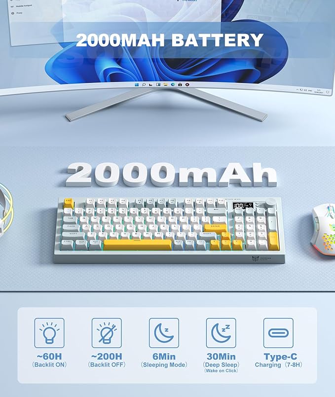 Wireless Keyboard Creamy Membrane with Rainbow Backlight3-Mode Connectivity (BT/2.4G/USB-C) with LCD Screen &amp Multifunction Knob200H Battery 94 Key PBT Keycaps Quiet Typing for Office/Home/Gam