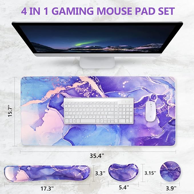 DINKY Keyboard Mouse Pad Set Large Gaming Mousepad + Memory Foam Ergonomic Keyboard Wrist Rest Support Easy Typing Pain Relief 4Pcs (35.4 x 15.7) Extended Desk Mat-Modern Purple Marble