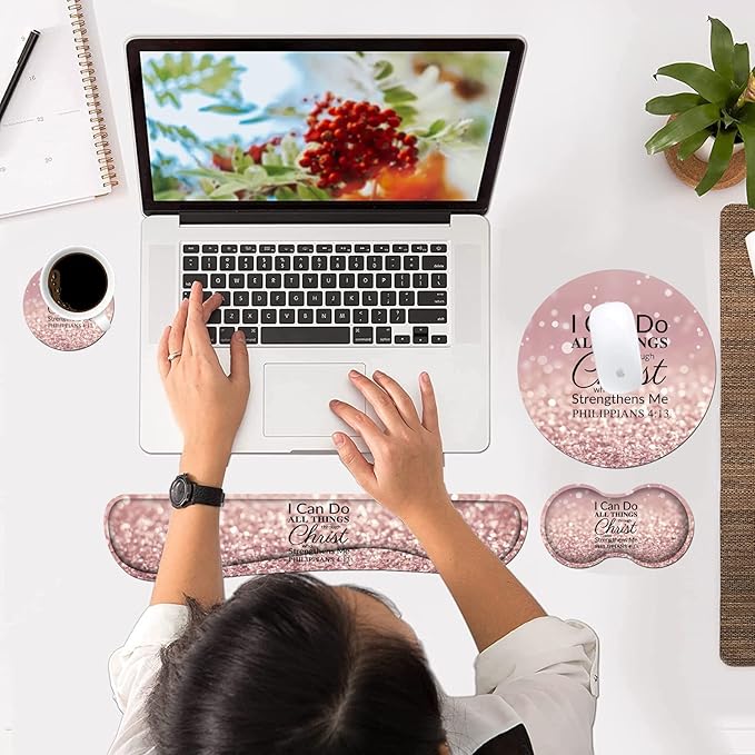Keyboard Wrist Rest and Mouse Pad Wrist Rest Set with Coasters [4Pcs] Memory Foam Easy Typing Pain Relief Non-Slip Rubber Base for Computer Laptop Home &amp Office Bible Verse Philippians 4-13