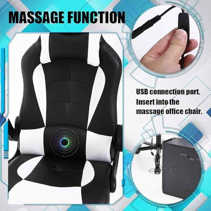 PC Gaming Chair Ergonomic Racing Heavy Duty Office Chair Video Game Chair Massage Function Lumbar Support with Flip Up Arms &amp Headrest Nice Chic Desk Chair Adjustable Best Home Office Chair - Wh