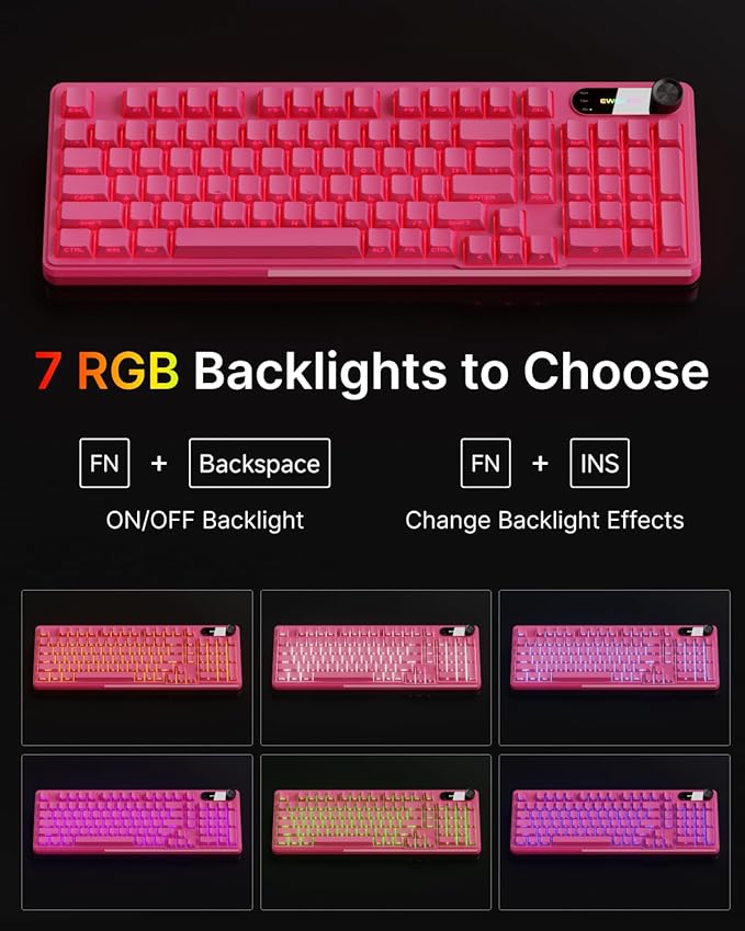 V102 Wired Keyboard 98 Keys Creamy Gaming Keyboard with Number Pad Display Screen &amp Media Knob RGB Silent Wired Cute Computer Keyboard for Laptop PC Gamer - Dark Pink