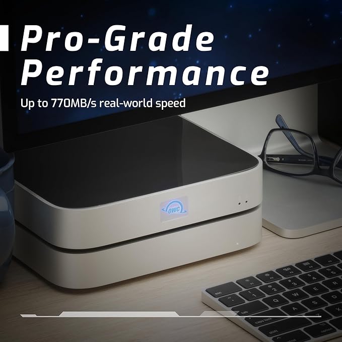 OWC miniStack STX Upgradable Storage Enclosure and Thunderbolt Hub/Mini Dock 4 USB-C Ports Supports 3.5 and 2.5 SSD HDD M.2 PCIe NVMe Upgrades. Works w/Mac Studio Mac mini and Other Devices