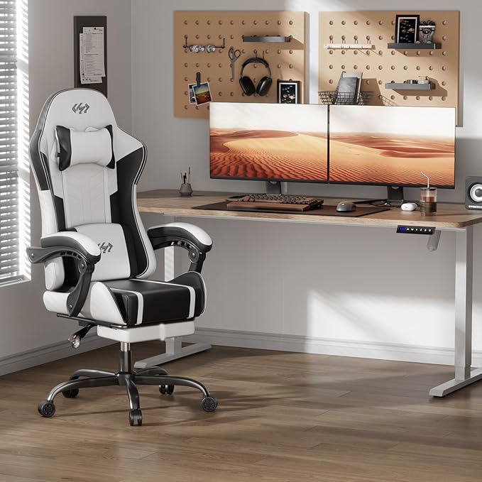 HLDIRECT Gaming Chair Ergonomic Video Game Seat with 360° Swivel &amp Lumbar Massage Computer Chair PU Leather Cushion for Adults Home/Office Use (Black &amp White)