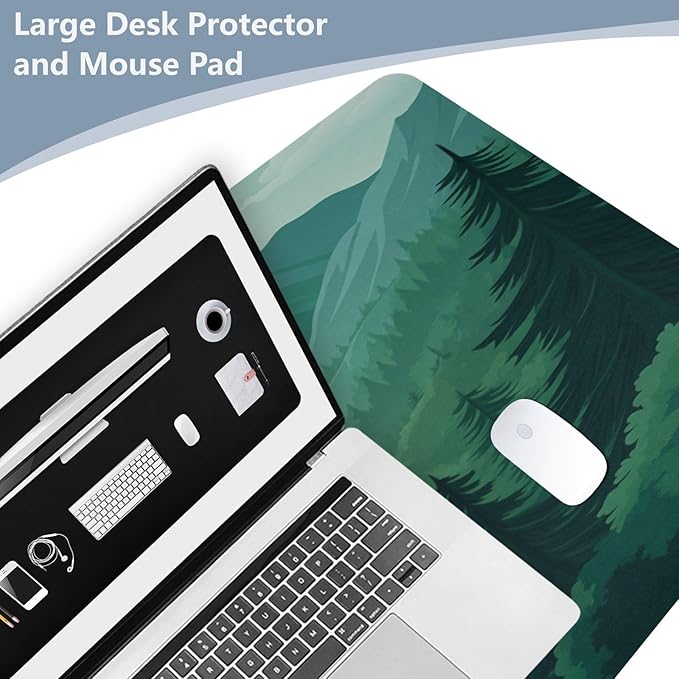 Mouse Pad Desk Mat Leather Desk Pad Large Gaming Desk Cover Protector Mat for Keyboard Computer Laptop Office Waterproof 47.2 x 23.6 Inch Green Forest Trees